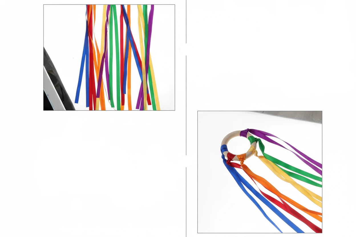 Jouet Montessori, anneau en bois et rubans colorés